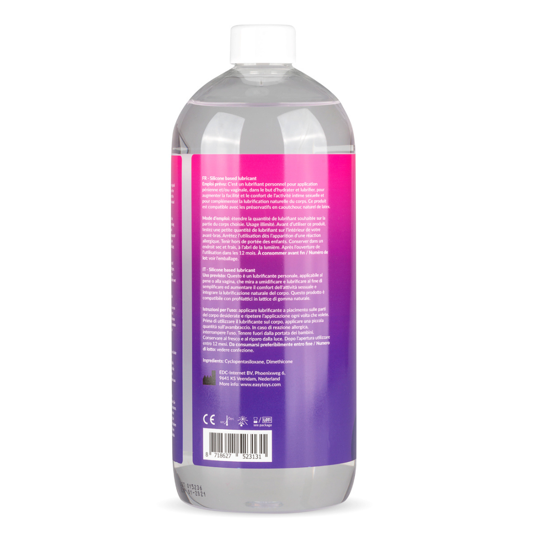 Grote fles (1000 ml) siliconen glijmiddel met doseerpompje van het merk EasyGlide. Perfect voor gay mannen en te koop bij Flavourez.