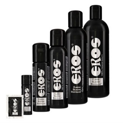 Zwarte fles met 100 ml siliconen glijmiddel van het Duitse merk Eros. Perfect voor gay mannen en te koop bij Flavourez.