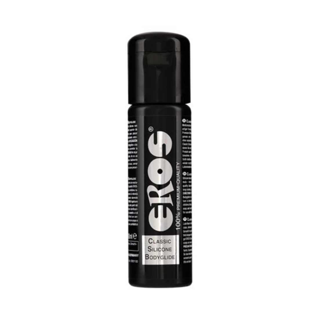 Deze zwarte fles met 100 ml siliconen glijmiddel van het Duitse merk Eros is te koop bij Flavourez.