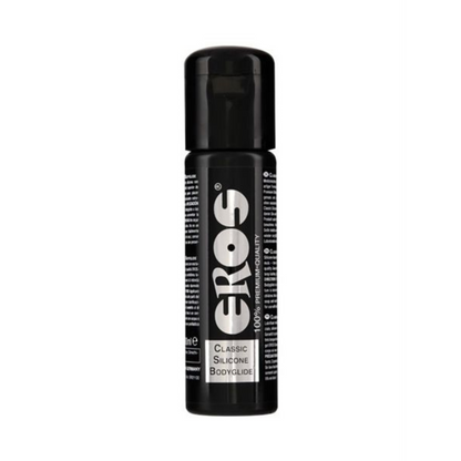 Zwarte fles met 100 ml siliconen glijmiddel van het Duitse merk Eros. Perfect voor gay mannen en te koop bij Flavourez.