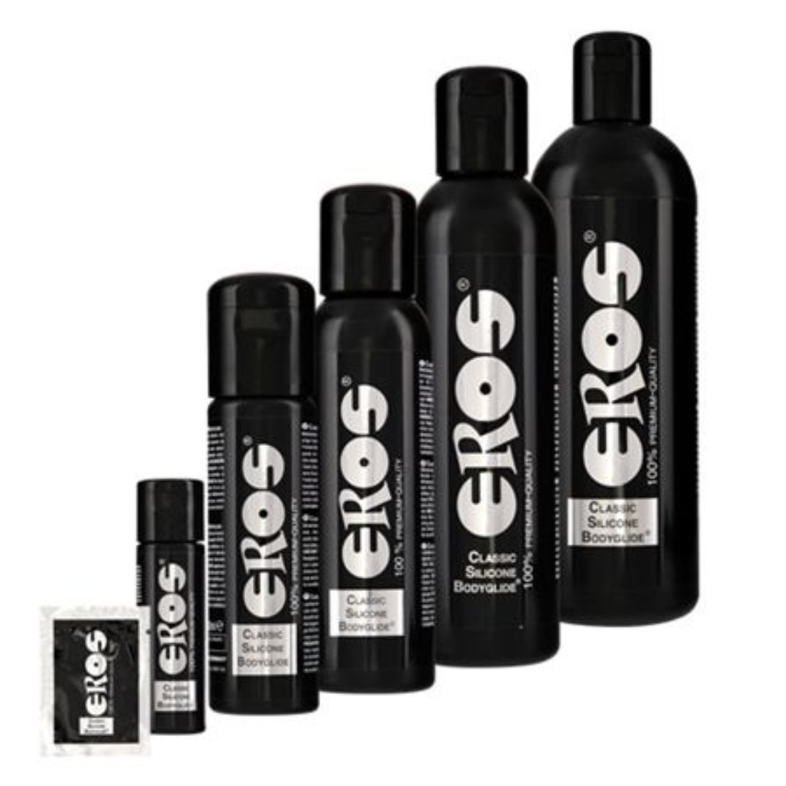 Zwarte fles met 250 ml siliconen glijmiddel van het Duitse merk Eros. Perfect voor gay mannen en te koop bij Flavourez.