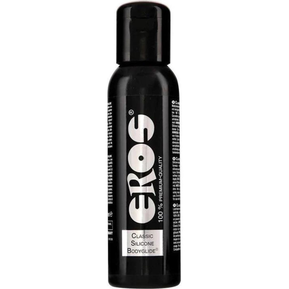 Deze zwarte fles met 250 ml siliconen glijmiddel van het Duitse merk Eros is te koop bij Flavourez.