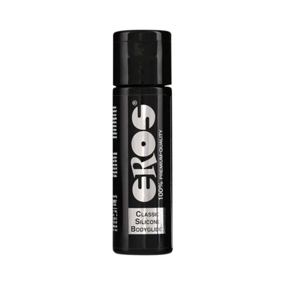 Deze zwarte fles met 30 ml siliconen glijmiddel van het Duitse merk Eros is te koop bij Flavourez.