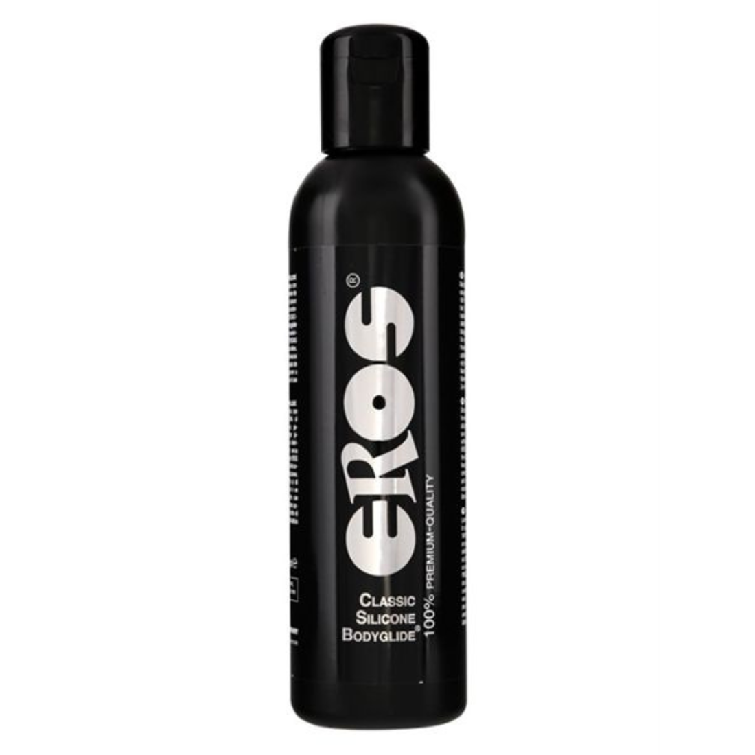 Zwarte fles met 500 ml siliconen glijmiddel van het Duitse merk Eros. Perfect voor gay mannen en te koop bij Flavourez.