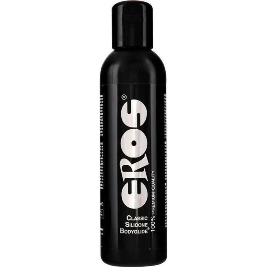 Deze zwarte fles met 500 ml siliconen glijmiddel van het Duitse merk Eros is te koop bij Flavourez.
