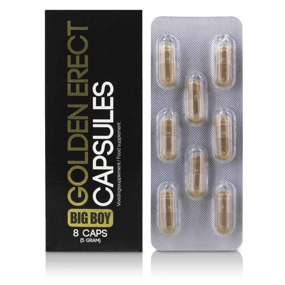 Zwart doosje met 8 gouden erectiepillen van Cobeco Pharma. Te koop bij Flavourez.