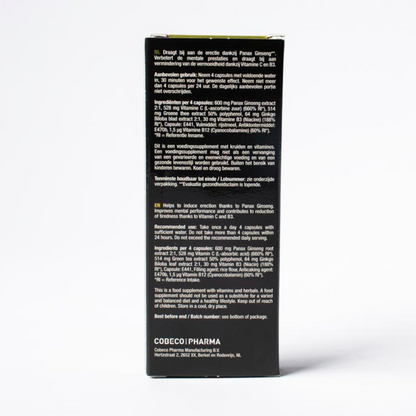 Zwart doosje met 8 gouden erectiepillen van Cobeco Pharma. Perfect voor gay mannen en te koop bij Flavourez.