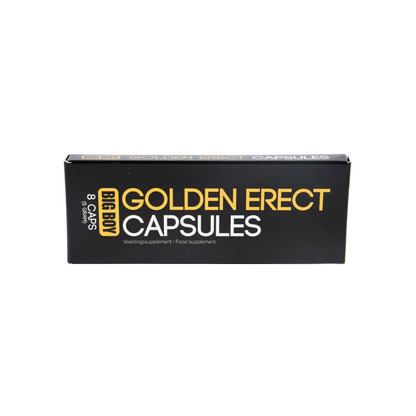 Zwart doosje met 8 gouden erectiepillen van Cobeco Pharma. Perfect voor gay mannen en te koop bij Flavourez.