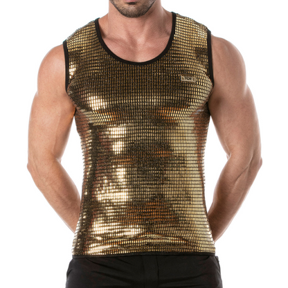 Sexy, nauwsluitende gouden Glitter Tank Top ontworpen voor Gay  Mannen van TOF Paris, en te koop bij Flavourez.