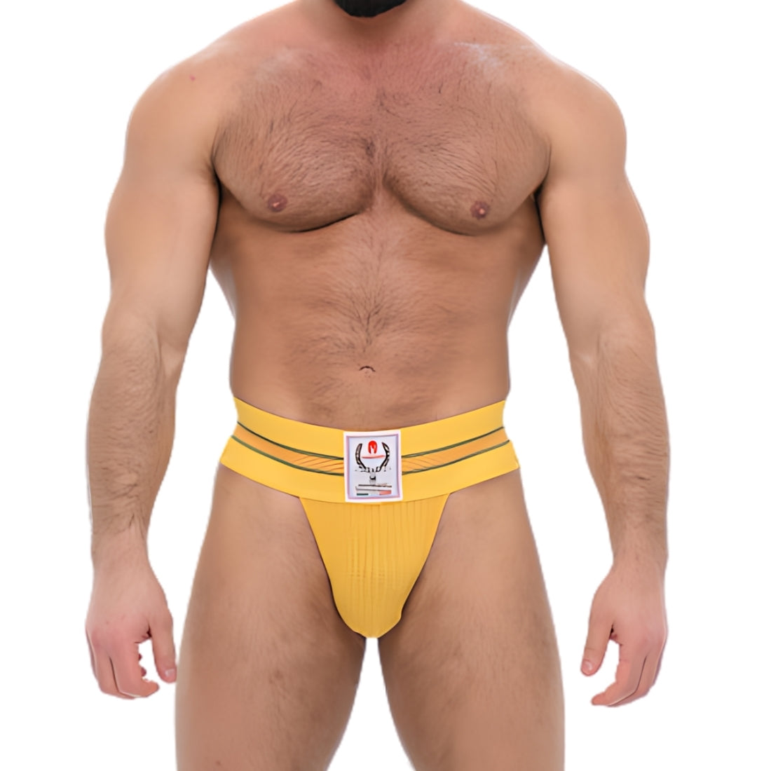 Gele jockstrap met Griekse details. Geïnspireerd op de jaren 70 en ontworpen door Sparta's Harness voor gay en queer mannen. Te koop bij Flavourez.