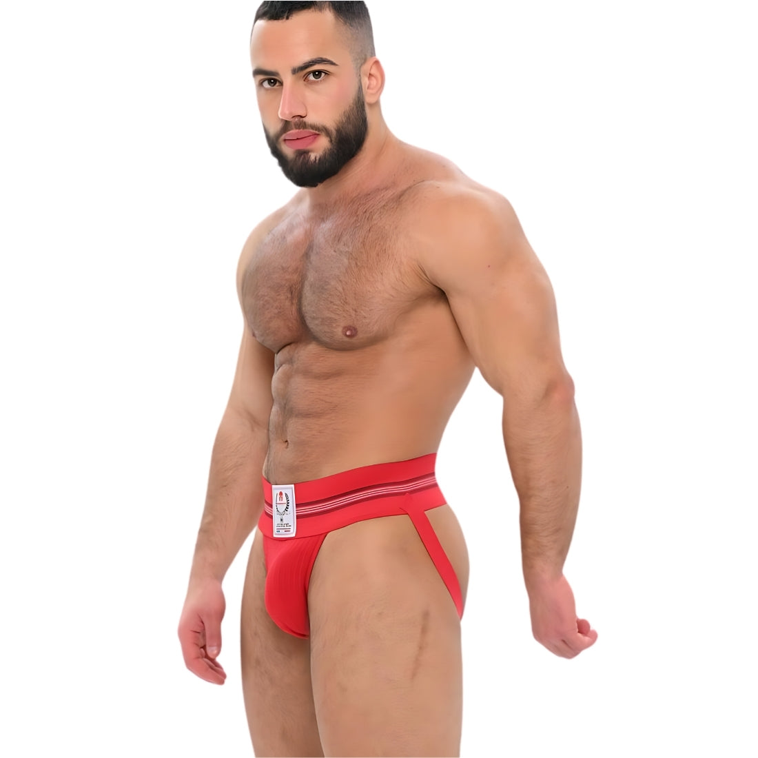 Rode jockstrap met Griekse details, geinspireerd op de jaren 70 en ontworpen door Sparta's Harness voor queer en gay mannen. Te koop bij Flavourez.