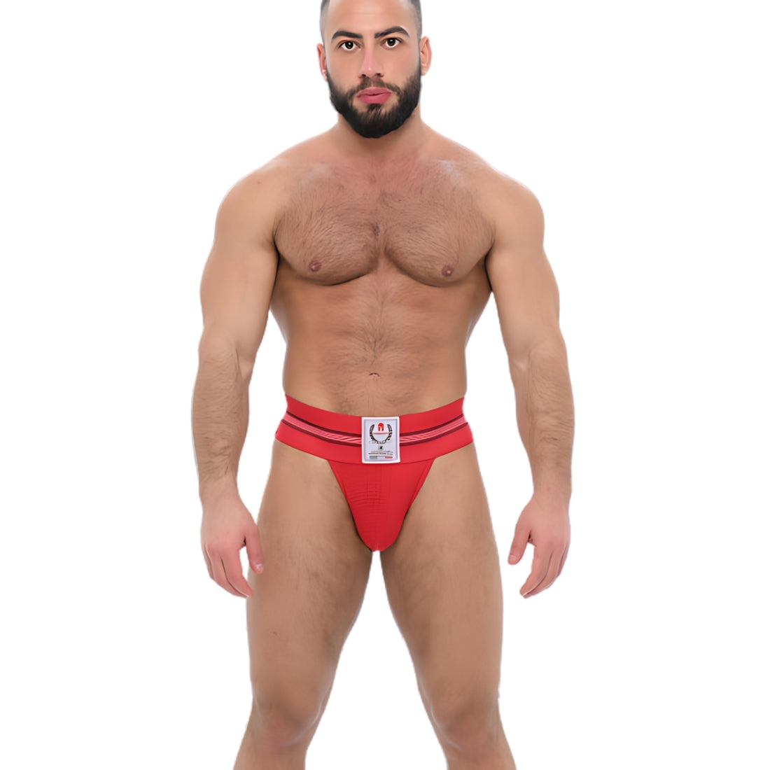 Rode jockstrap met Griekse details, geinspireerd op de jaren 70 en ontworpen door Sparta's Harness voor queer en gay mannen. Te koop bij Flavourez.