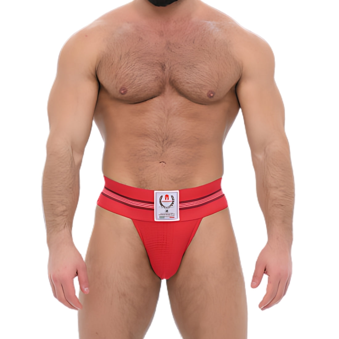 Rode jockstrap met Griekse details, geinspireerd op de jaren 70 en ontworpen door Sparta's Harness voor queer en gay mannen. Te koop bij Flavourez.