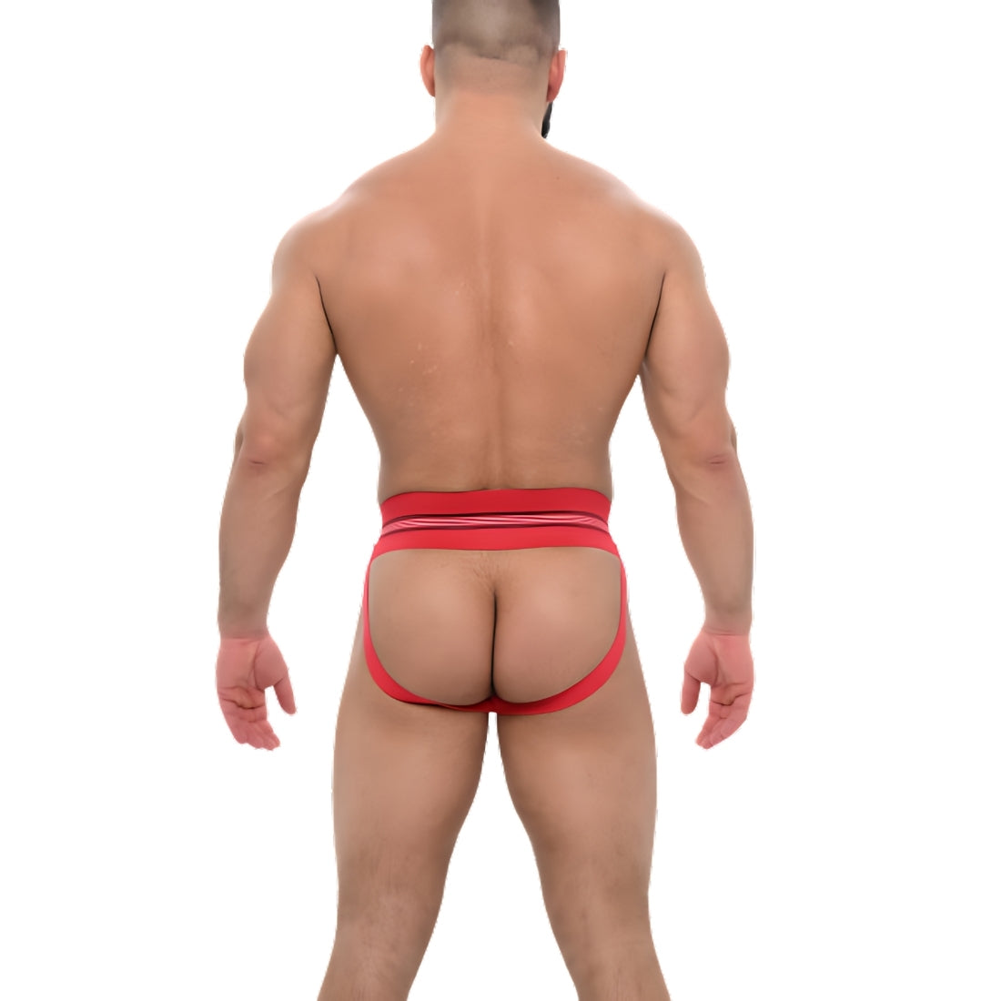 Rode jockstrap met Griekse details, geinspireerd op de jaren 70 en ontworpen door Sparta's Harness voor queer en gay mannen. Te koop bij Flavourez.