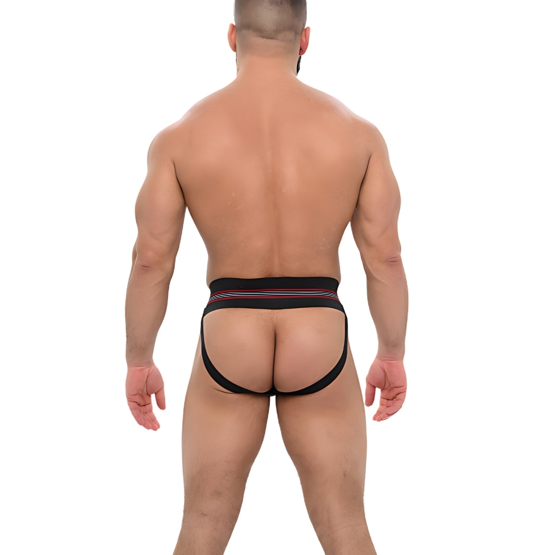 Zwarte jockstrap met Griekse details. Geïnspireerd op de jaren 70 en ontworpen door Sparta's Harness voor gay en queer mannen. Te koop bij Flavourez.