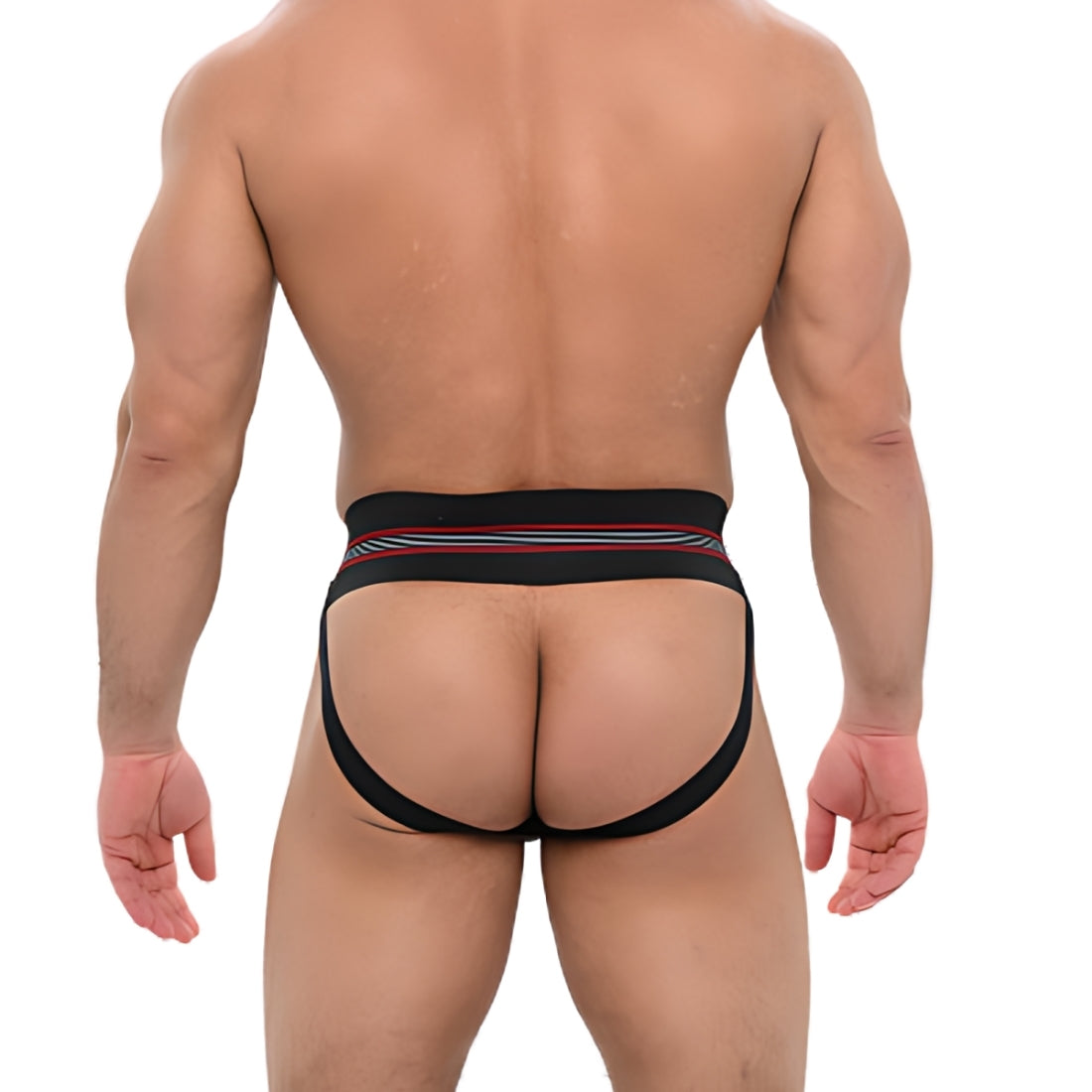 Zwarte jockstrap met Griekse details. Geïnspireerd op de jaren 70 en ontworpen door Sparta's Harness voor gay en queer mannen. Te koop bij Flavourez.