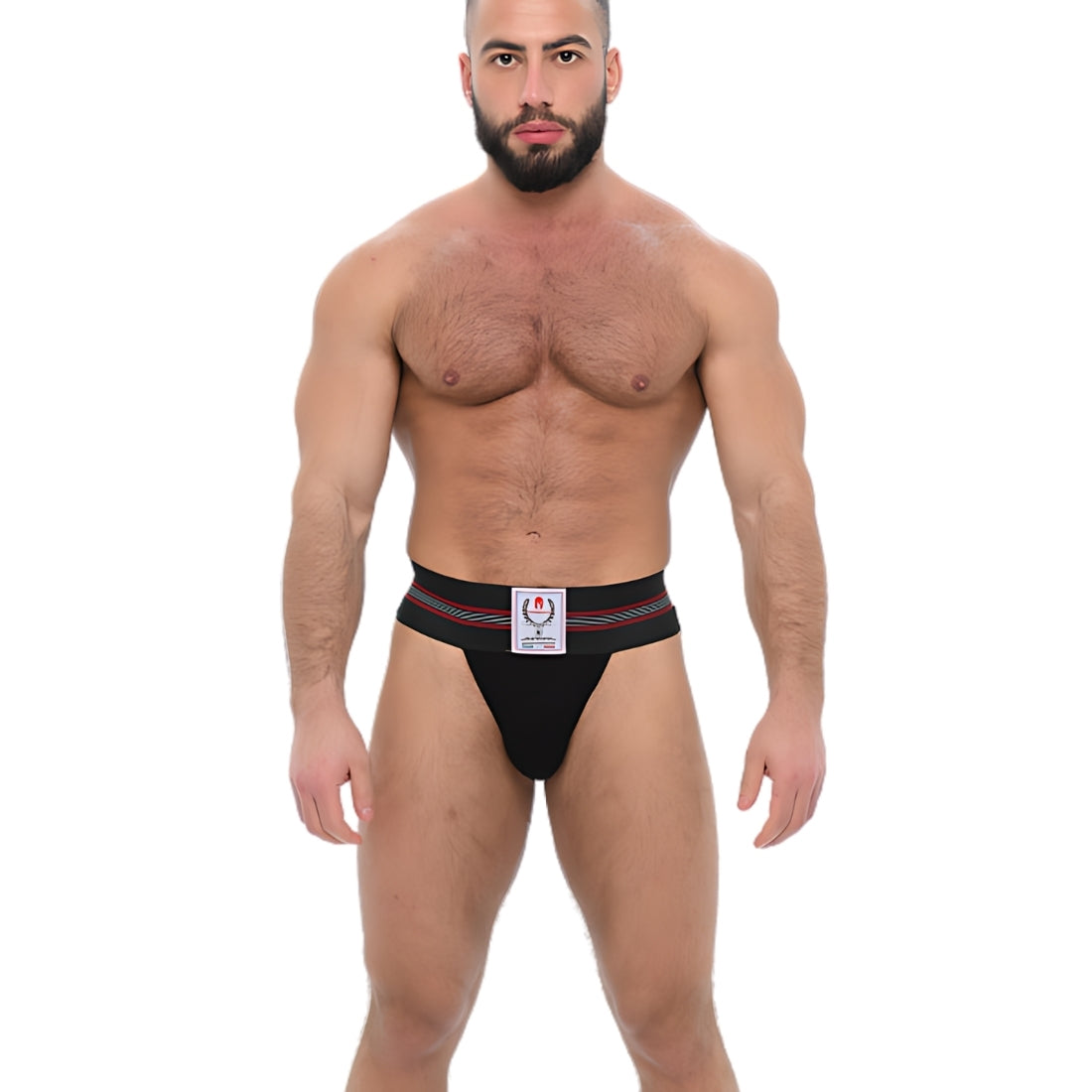 Zwarte jockstrap met Griekse details. Geïnspireerd op de jaren 70 en ontworpen door Sparta's Harness voor gay en queer mannen. Te koop bij Flavourez.