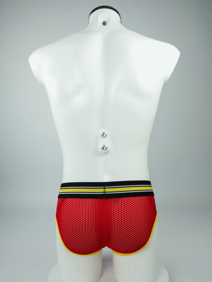 Sexy rode jockslip met gele en zwarte accenten uit de Mister B Urban collectie. Te koop bij Flavourez.