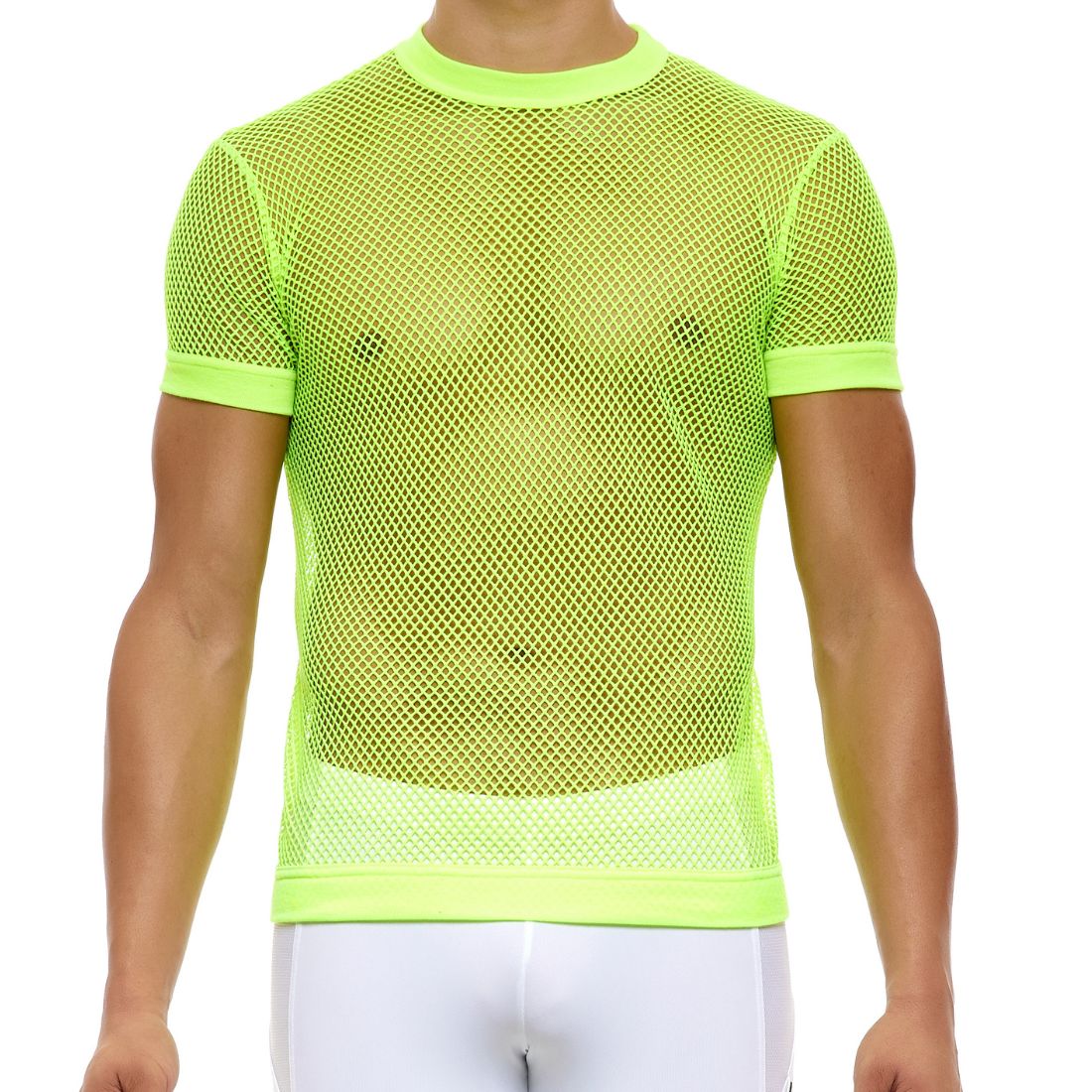 Neon geel mesh t-shirt ontworpen door Modus Vivendi voor gay mannen en te koop bij Flavourez.