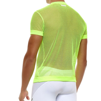 Neon geel mesh t-shirt ontworpen door Modus Vivendi voor gay mannen en te koop bij Flavourez.