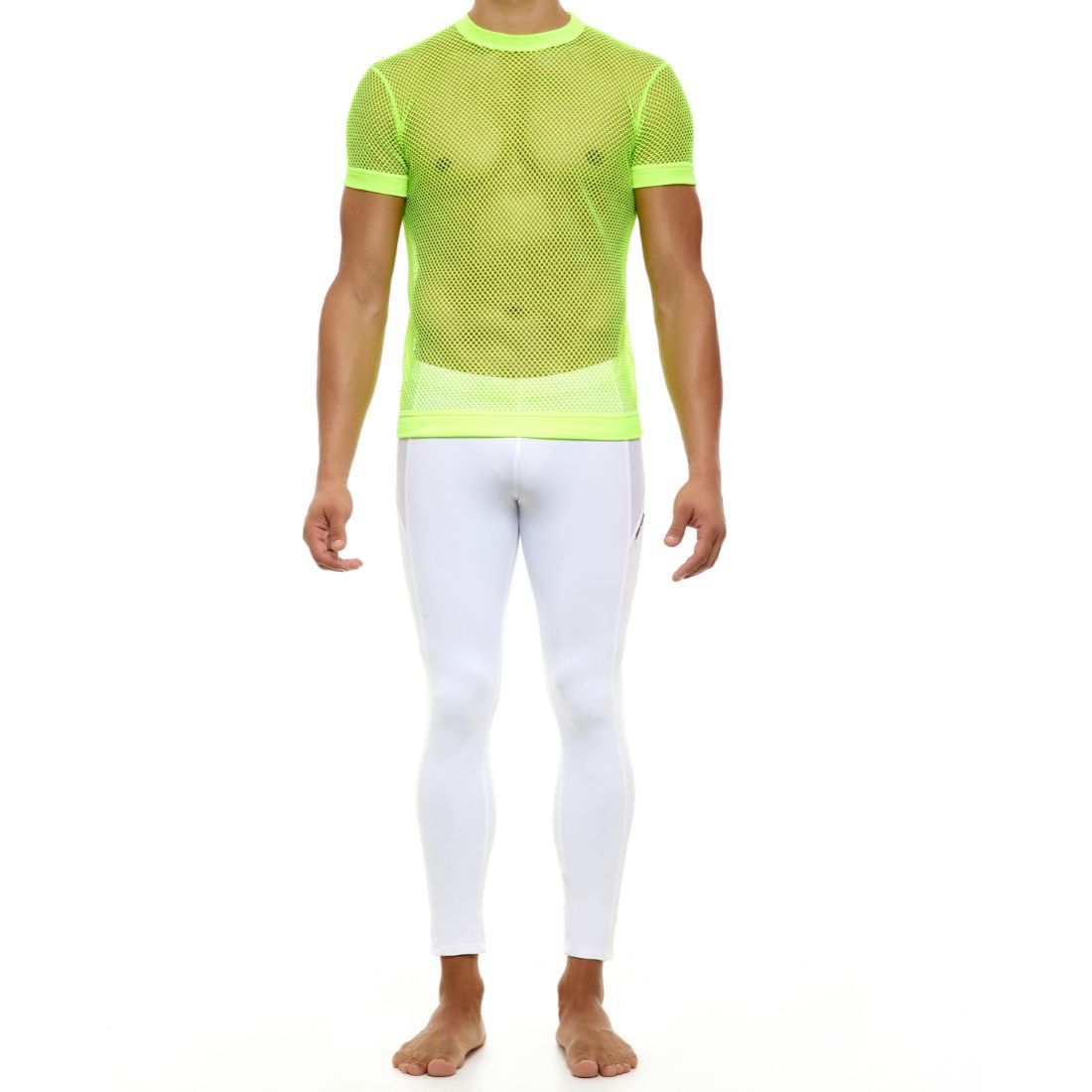 Neon geel mesh t-shirt ontworpen door Modus Vivendi voor gay mannen en te koop bij Flavourez.