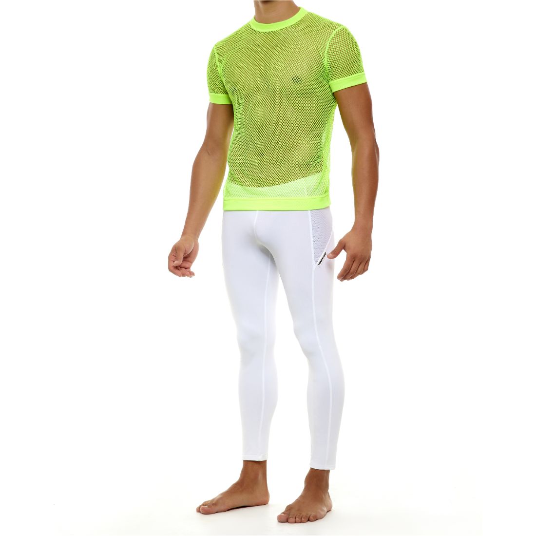 Neon geel mesh t-shirt ontworpen door Modus Vivendi voor gay mannen en te koop bij Flavourez.