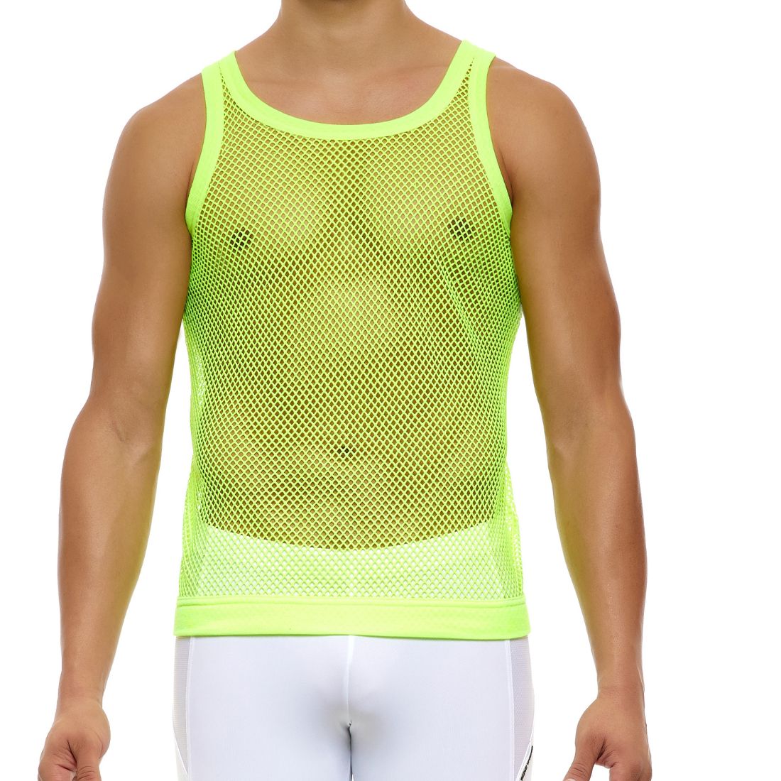 Neon geel mesh tank top ontworpen door Modus Vivendi voor gay mannen en te koop bij Flavourez.