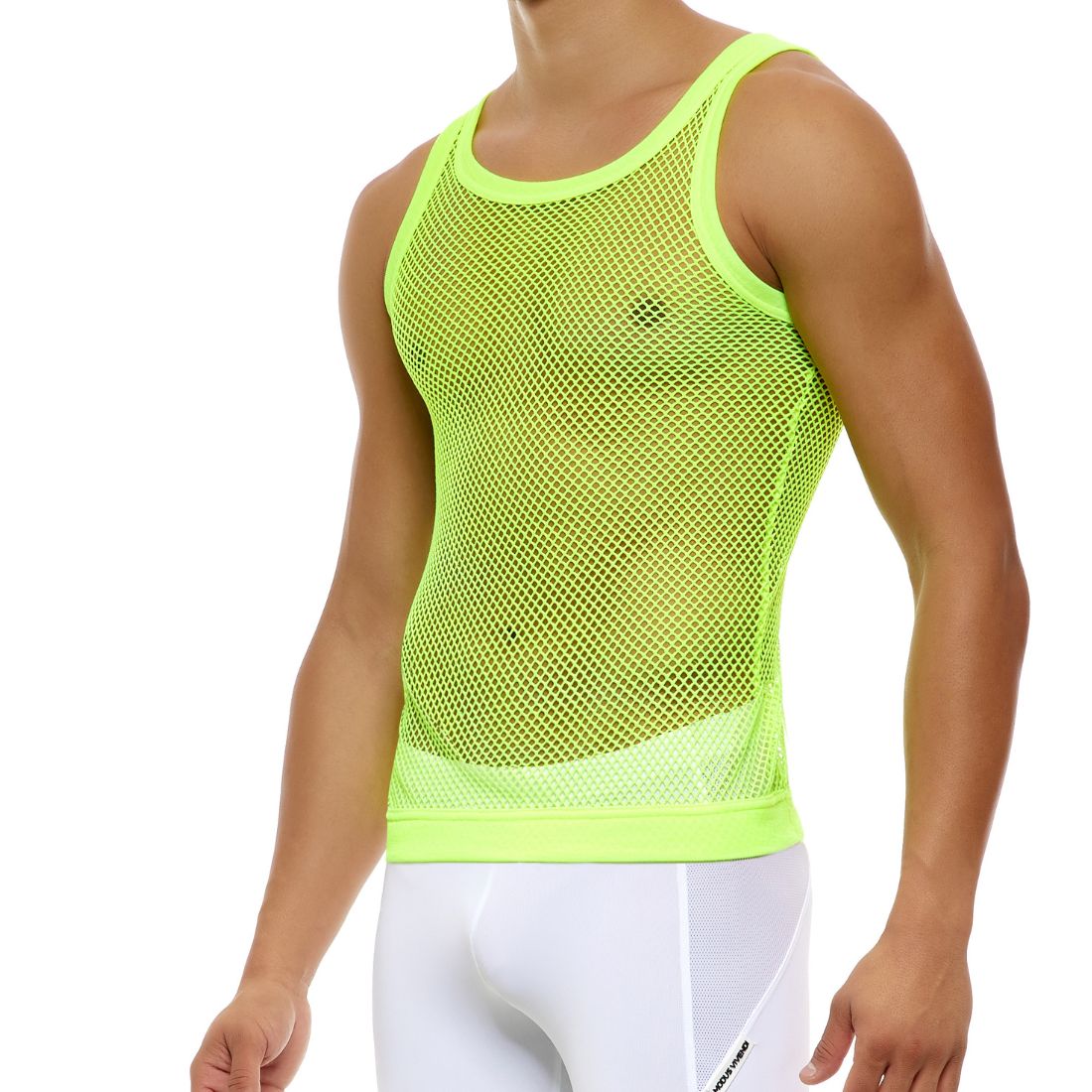 Neon geel mesh tank top ontworpen door Modus Vivendi voor gay mannen en te koop bij Flavourez.