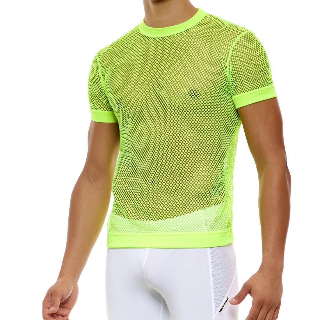 Neon geel mesh t-shirt ontworpen door Modus Vivendi voor gay mannen en te koop bij Flavourez.