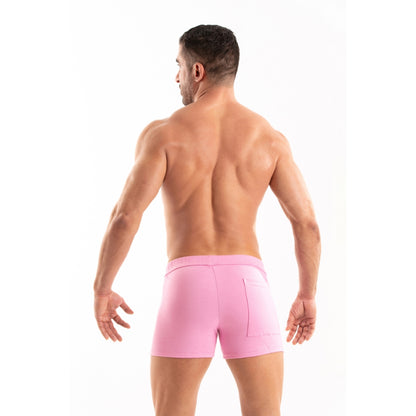 Roze strakke heren korte broek met rits. Ontworpen door Tof Paris voor gay mannen en te koop bij Flavourez.