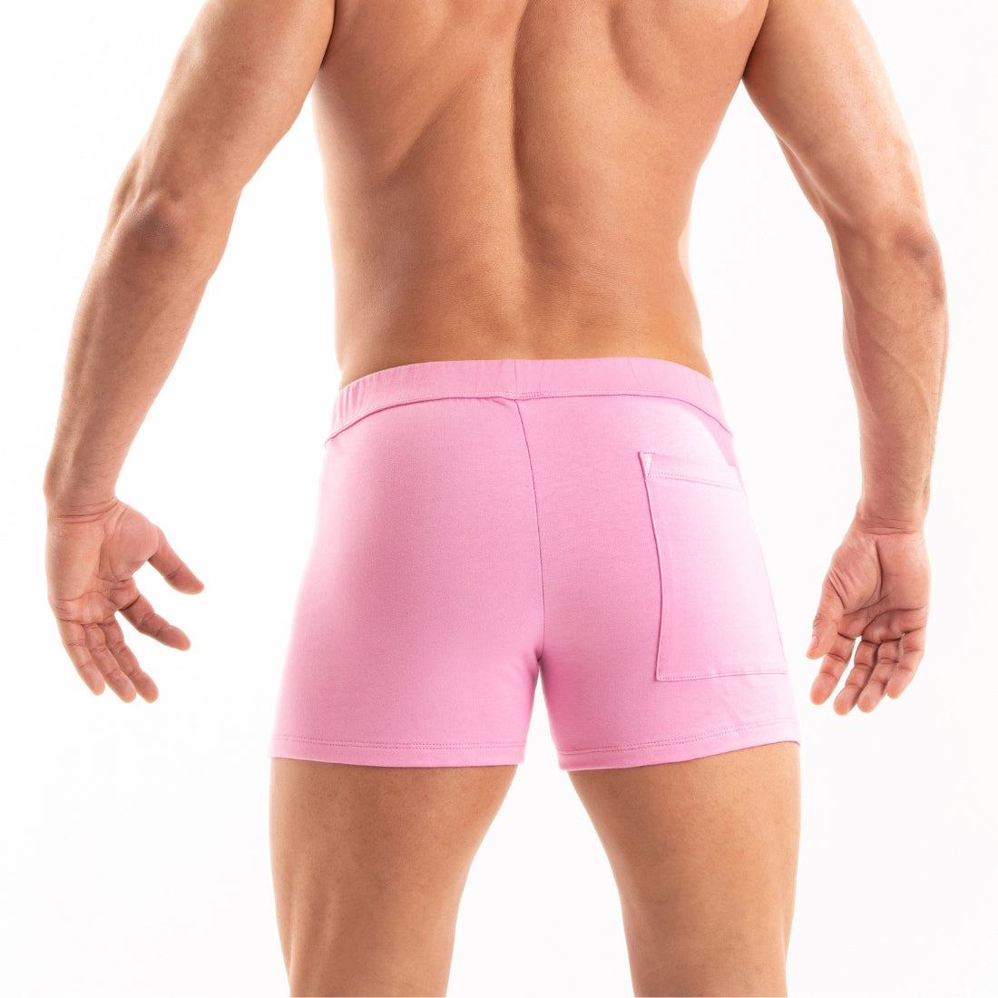 Roze strakke heren korte broek met rits. Ontworpen door Tof Paris voor gay mannen en te koop bij Flavourez.