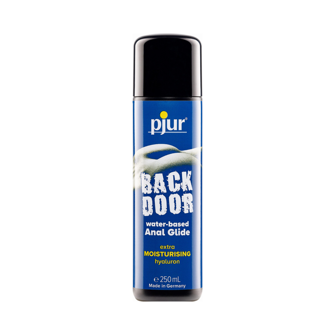 Blauw flesje Backdoor Water-based Anal Glide (glijmiddel op waterbasis) van het merk Pjur. Het flesje bevat 250ml. Perfect voor gay mannen en te koop bij Flavourez!