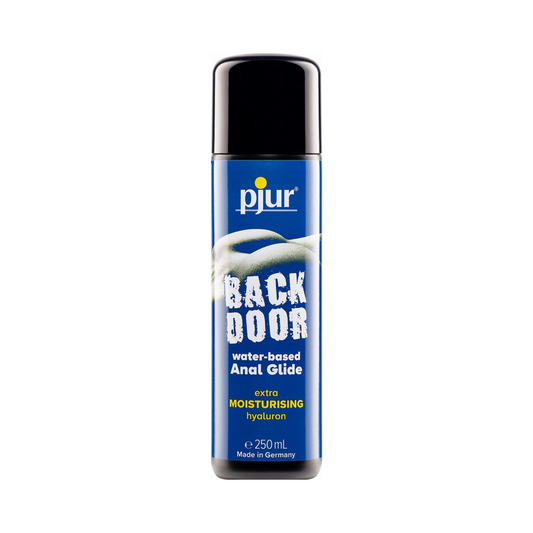 Blauw flesje Backdoor Water-based Anal Glide (glijmiddel op waterbasis) van het merk Pjur. Het flesje bevat 250ml. Perfect voor gay mannen en te koop bij Flavourez!