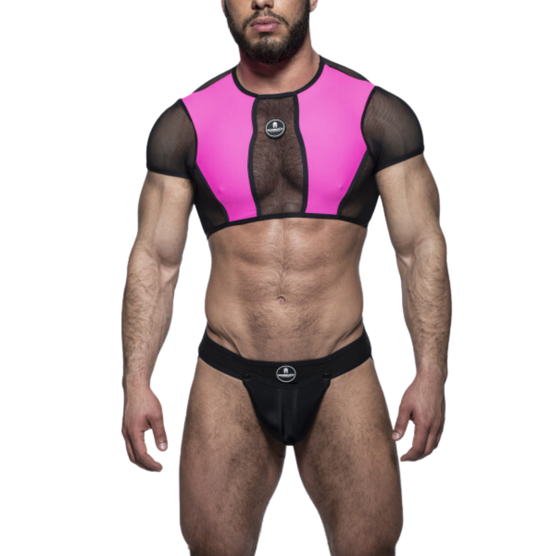 Roze crop top met zwarte meshstof, gemaakt door het fabuleuze Italiaanse merk Sparta’s Harness. Perfect voor gay mannen en te koop bij Flavourez.