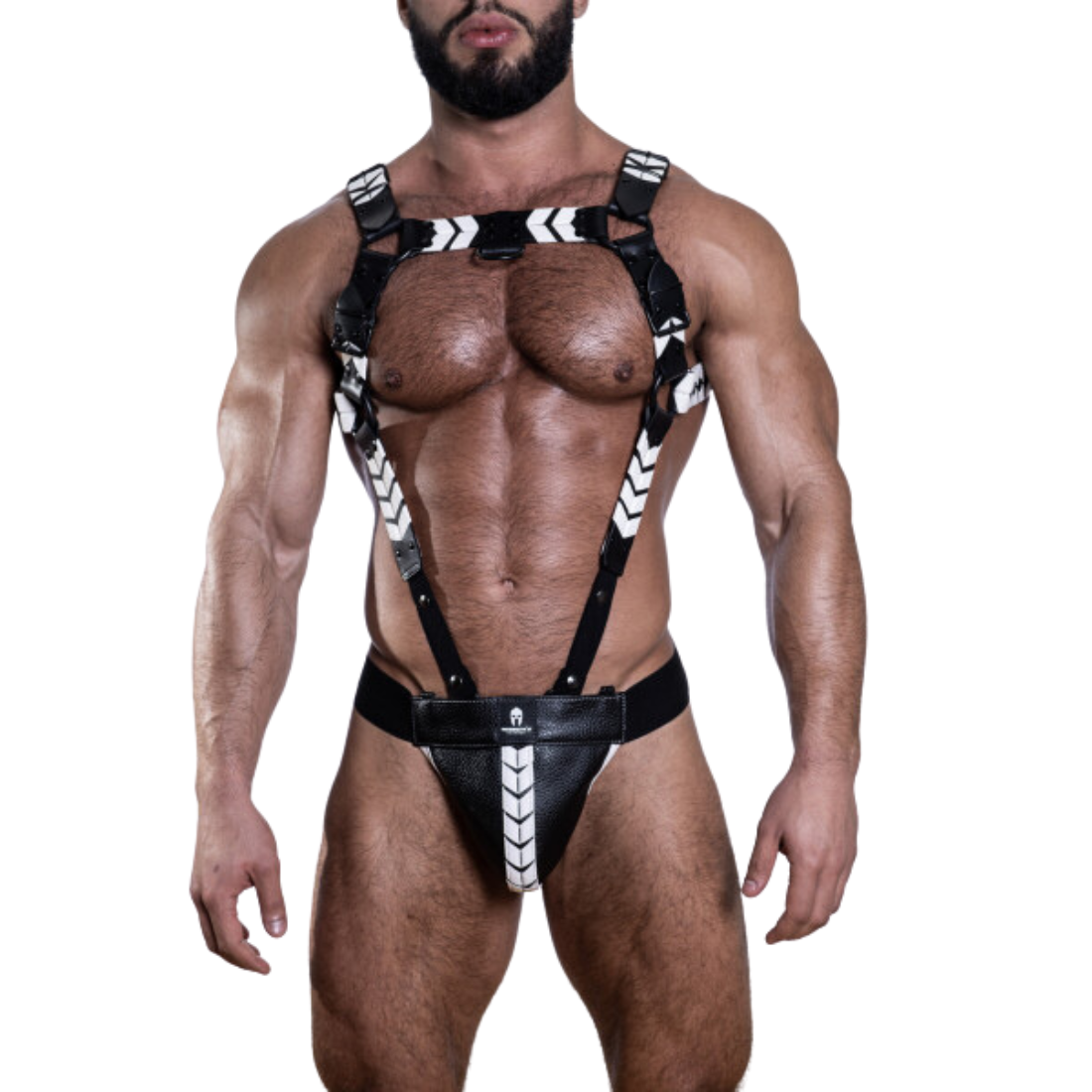 Sexy zwarte full body harnas met witte details, geschikt voor gay party’s en gay cruises, te koop bij Flavourez.