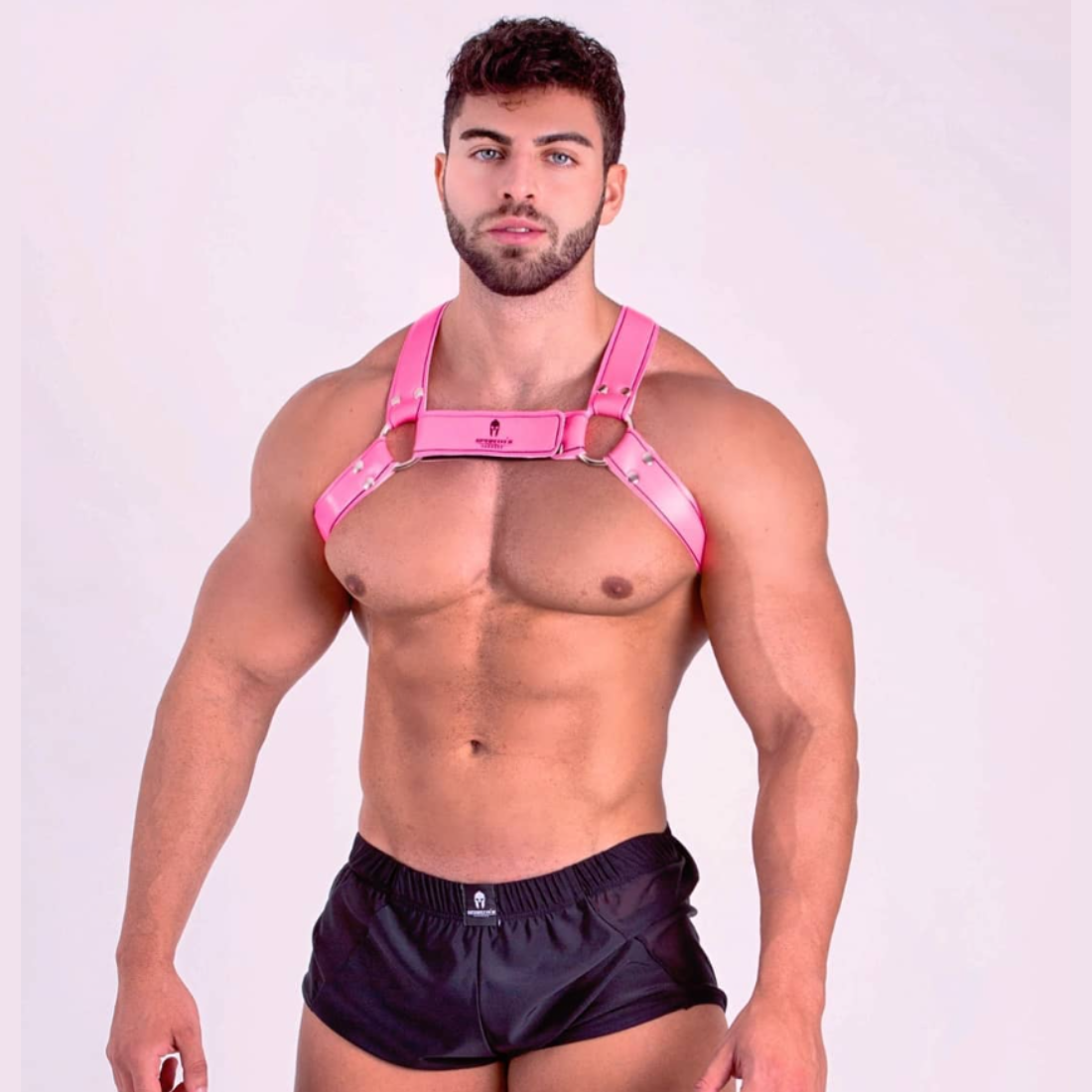 Felroze party harnas ontworpen door het Italiaanse gay merk Sparta’s Harness en te koop bij Flavourez.