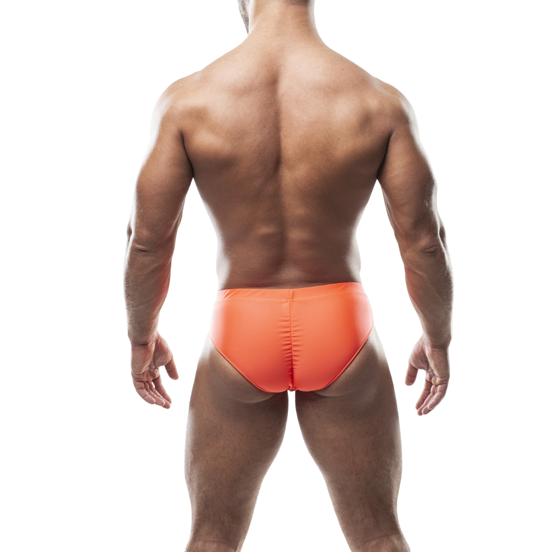 Oranje zwemslip ontworpen door het Italiaanse modehuis Sparta’s Harness en te koop bij Flavourez.