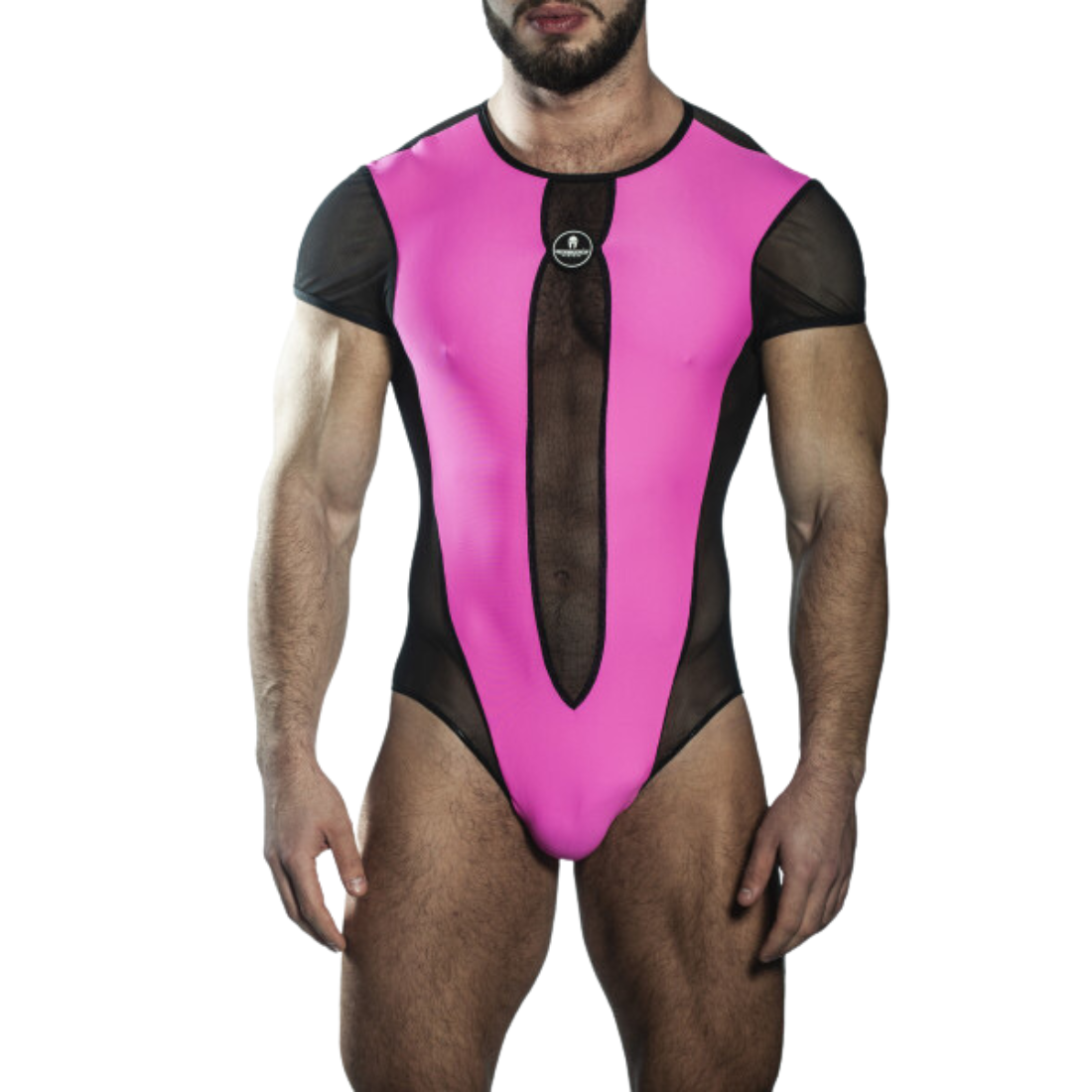 Super sexy roze gay bodysuit van het befaamde Italiaanse merk Sparta’s Harness, te koop bij Flavourez.