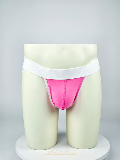 Roze jockstrap met witte bandjes. Ontworpen door TOF Paris. Perfect voor een leuke date. Perfect voor gay mannen en te koop bij Flavourez.