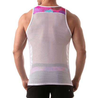 Witte mesh tank top met roze bloemenprint, ontworpen door het Franse merk Tof Paris. Perfect voor gay mannen en te koop bij Flavourez.