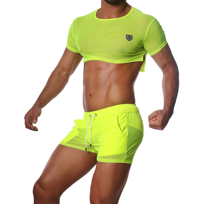Sexy neon gele gay crop top, ontworpen door het Franse modehuis Tof Paris en te koop bij Flavourez.