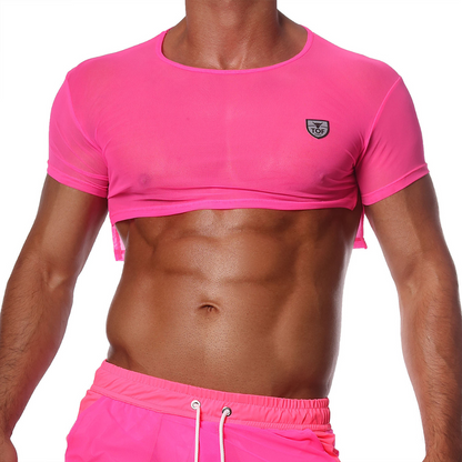 Sexy neon roze gay crop top, ontworpen door het Franse modehuis Tof Paris en te koop bij Flavourez.