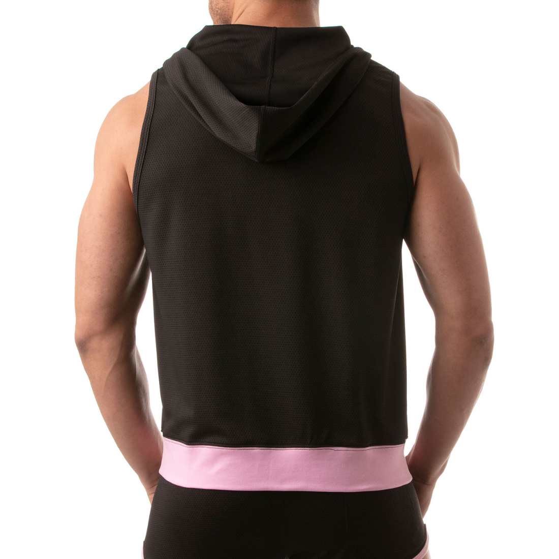 Zwarte hoodie zonder mouwen met roze accenten, ontworpen door het Franse modehuis Tof Paris en te koop bij Flavourez.