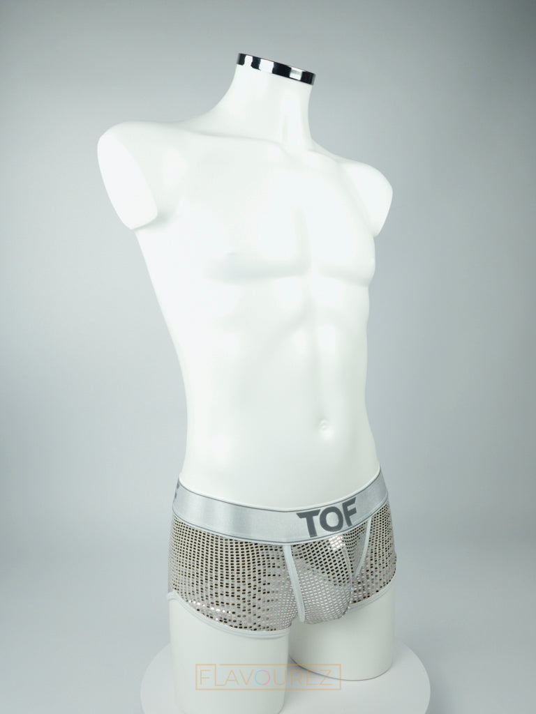 Chique sexy zilverkleurige boxershort ontworpen door TOF Paris. Kleding van TOF Paris koop je bij Flavourez.