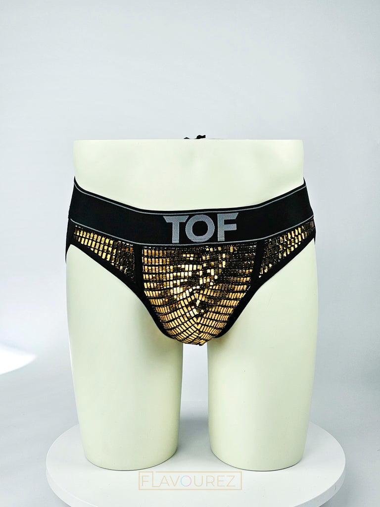 Chique sexy gouden jockstrap ontworpen door TOF Paris. Kleding van TOF Paris koop je bij Flavourez