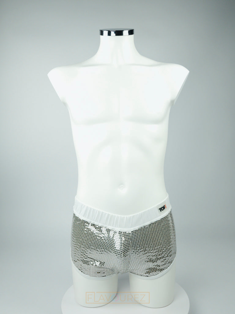 Extra korte, luxe, sexy, zilveren short, ontworpen door het Franse merk Tof Paris perfect voor gay mannen en te koop bij Flavourez.