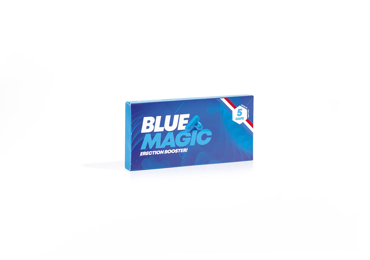 Blauw doosje met 5 Blue Magic Erectiepillen van VitaVero, te koop bij Flavourez.