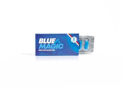 Blauw doosje met 5 Blue Magic Erectiepillen van VitaVero, perfect voor gay mannen en te koop bij Flavourez.