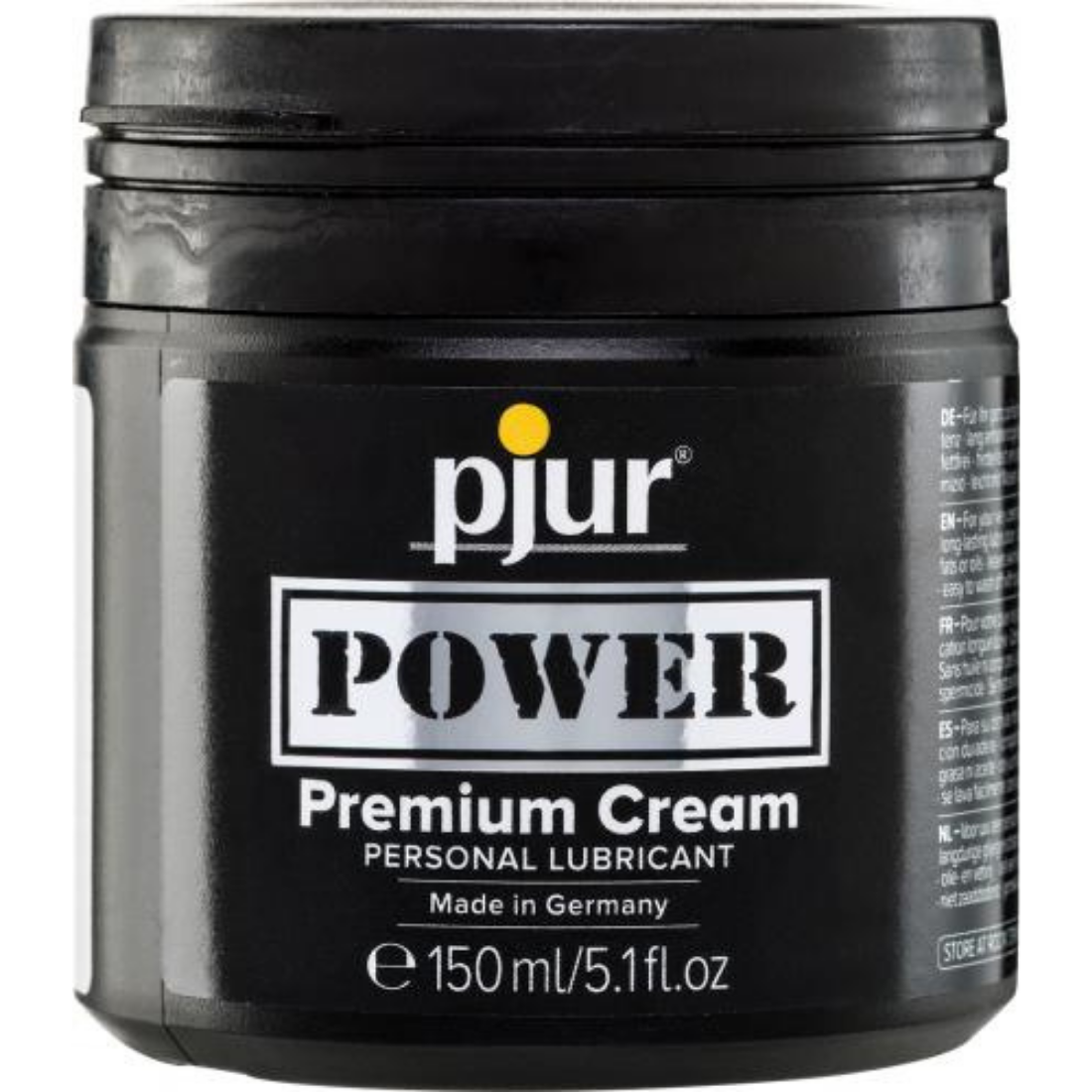 Zwarte pot van 150 ml met Power Premium glijmiddel van Pjur. Perfect voor gay mannen en te koop bij Flavourez.