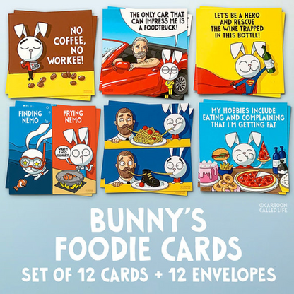 Bunny's 'Foodie' Kaarten zijn voorzien van grappige quotes en humoristische afbeeldingen van Cartoon Called Life. Te koop bij Flavourez